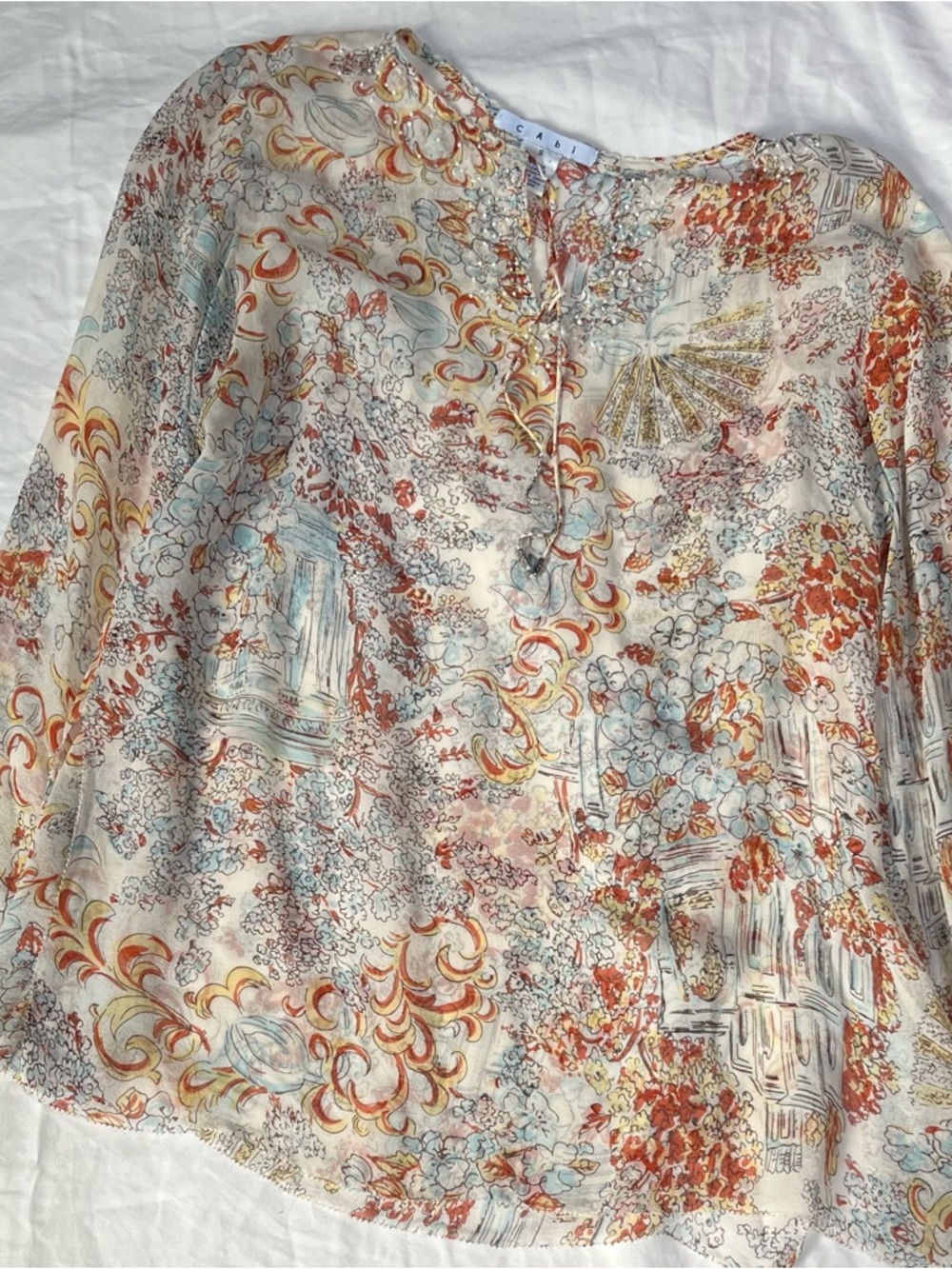 CAbi Embellished Silk Floral Keyhole Blouse - Cream, Rust & Pale Blue